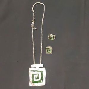 Green & Silver Square Pendant Necklace and Earring Set